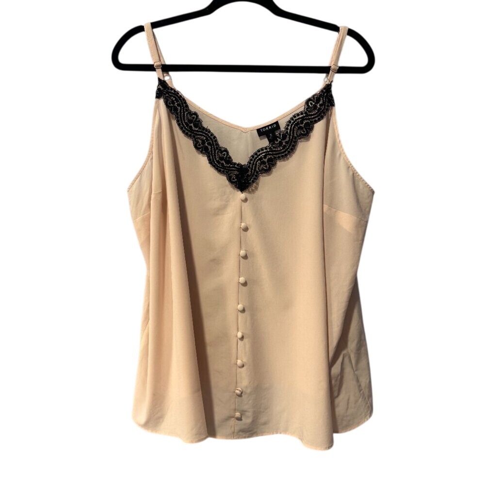 Torrid Womens Peach Pink Black Lace Trim Button Front Cami Tank Top Size 2 2X